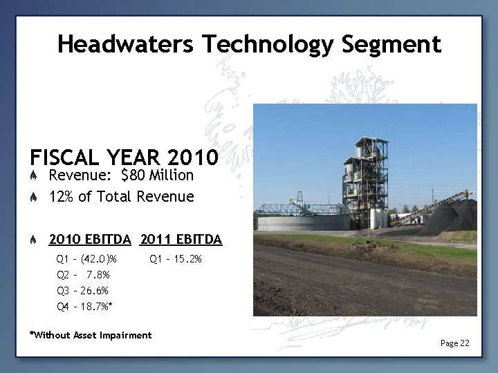 Headwaters Technology Segment FISCAL YEAR 2010 Revenue: $80 Million 12% of Total Revenue 2010