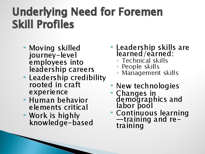 Underlying Need for Foremen Skill Profiles Moving skilled journey-level employees into leadership careers Leadership