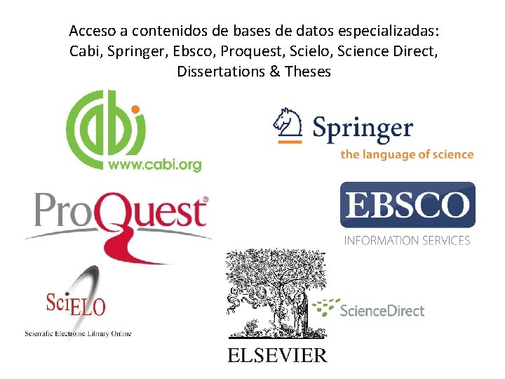 Acceso a contenidos de bases de datos especializadas: Cabi, Springer, Ebsco, Proquest, Scielo, Science