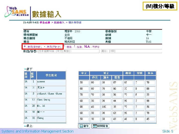 (M)積分/等級 數據輸入 Systems and Information Management Section Slide 5 