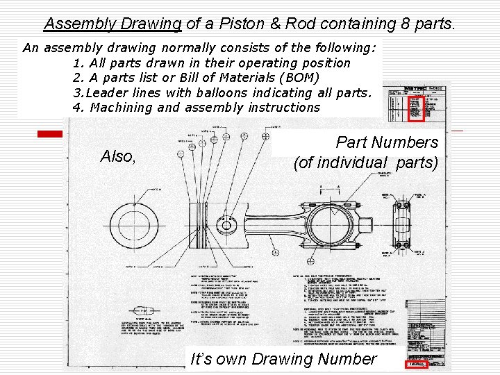 Assembly Drawing of a Piston & Rod containing 8 parts. An assembly drawing normally