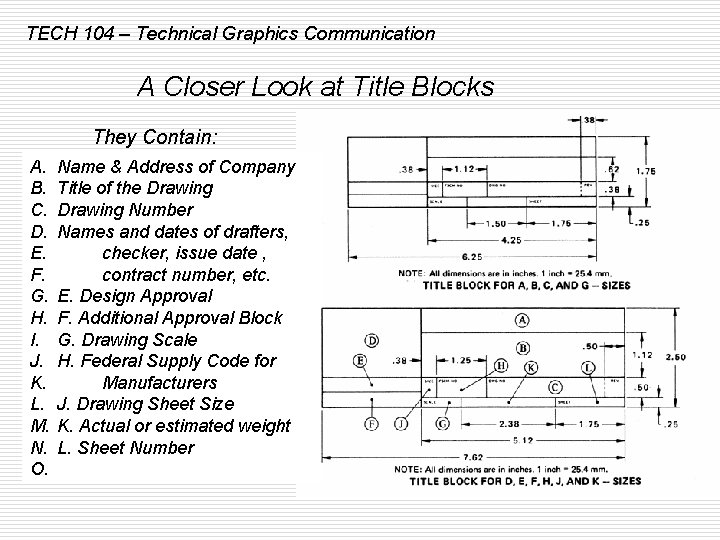 TECH 104 – Technical Graphics Communication A Closer Look at Title Blocks They Contain: