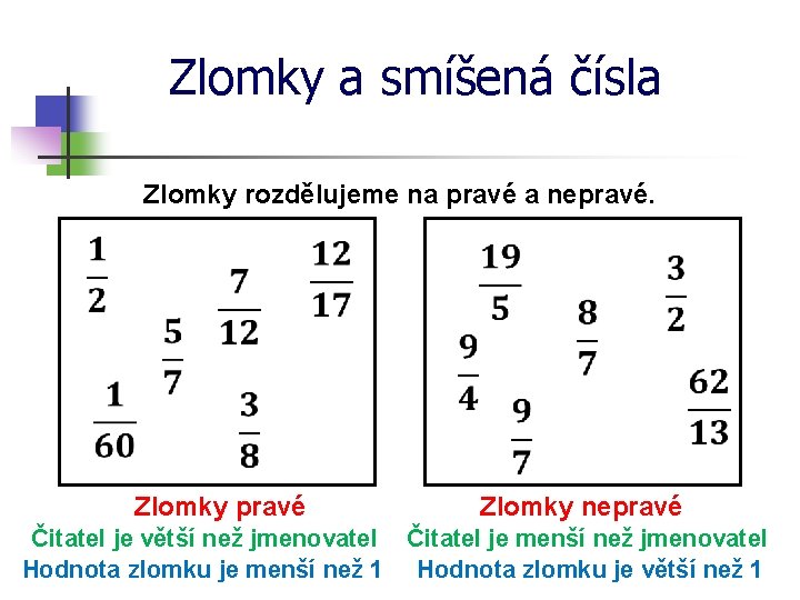 Zlomky a smíšená čísla Zlomky rozdělujeme na pravé a nepravé. Zlomky pravé Zlomky nepravé