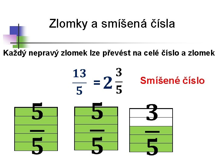 Zlomky a smíšená čísla Každý nepravý zlomek lze převést na celé číslo a zlomek