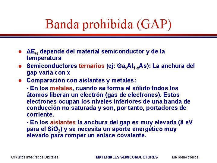 Banda prohibida (GAP) l l l ΔEG depende del material semiconductor y de la