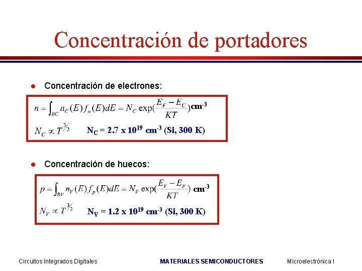 Concentración de portadores l Concentración de electrones: cm-3 NC = 2. 7 x 1019