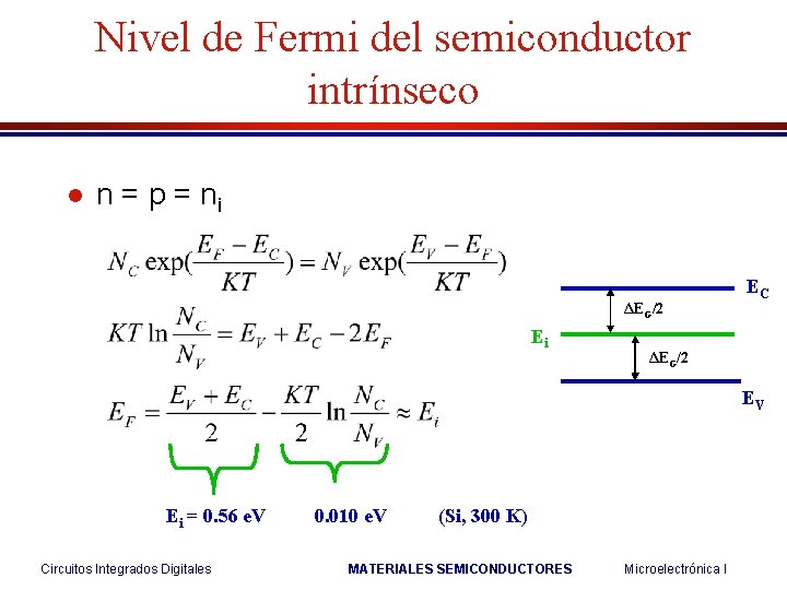 Nivel de Fermi del semiconductor intrínseco l n = p = ni ΔEG/2 Ei