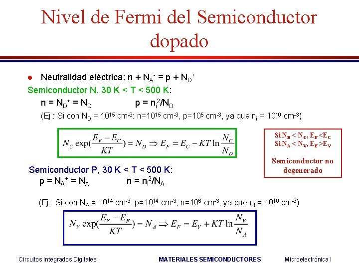 Nivel de Fermi del Semiconductor dopado Neutralidad eléctrica: n + NA- = p +