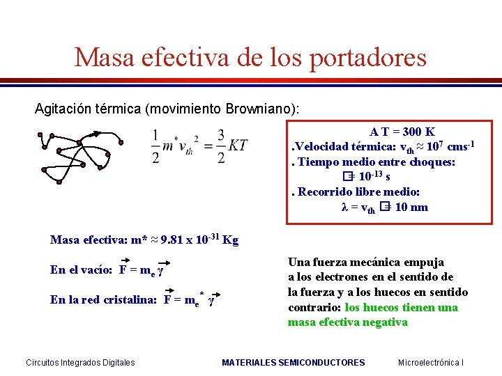 Masa efectiva de los portadores Agitación térmica (movimiento Browniano): A T = 300 K.