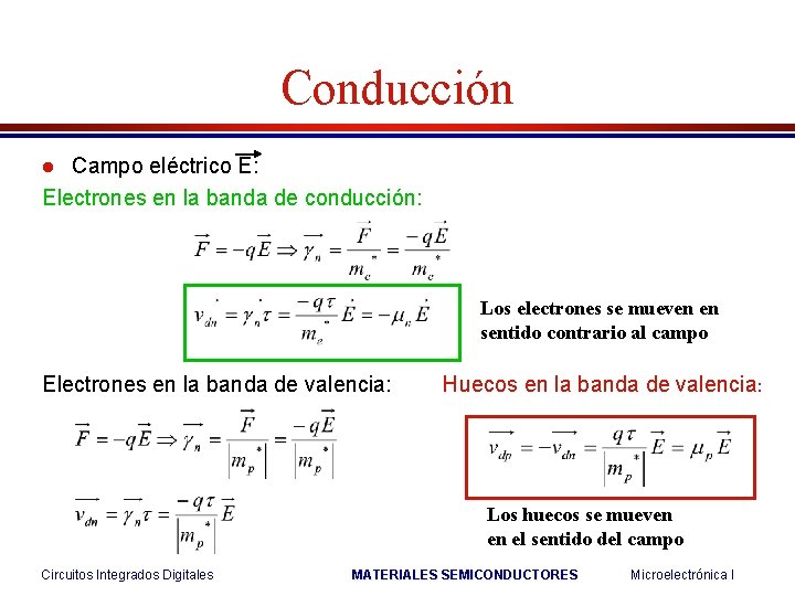 Conducción Campo eléctrico E: Electrones en la banda de conducción: l Los electrones se