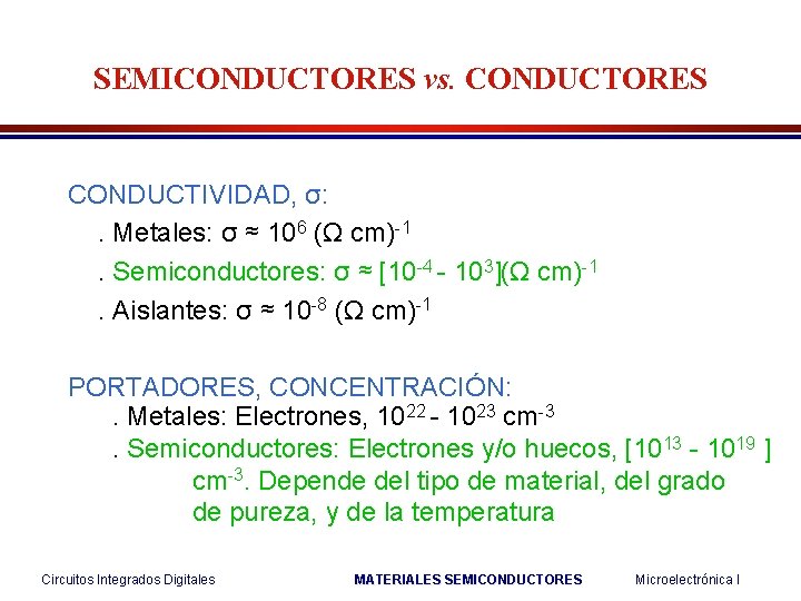 SEMICONDUCTORES vs. CONDUCTORES CONDUCTIVIDAD, σ: . Metales: σ ≈ 106 (Ω cm)-1. Semiconductores: σ