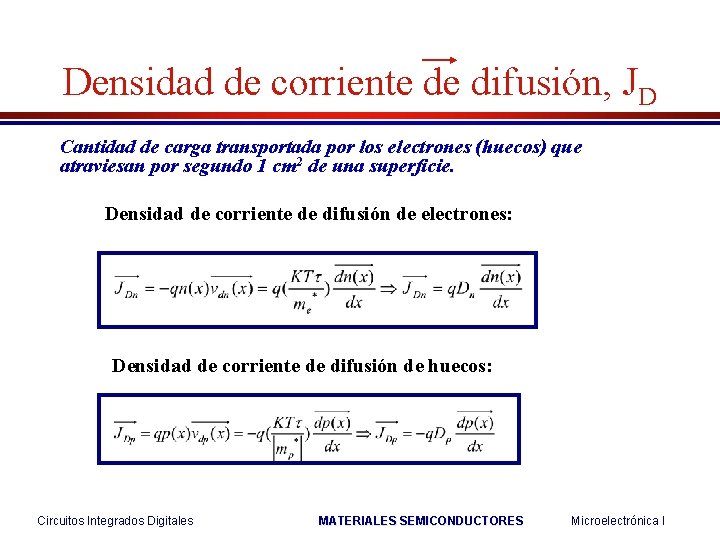 Densidad de corriente de difusión, JD Cantidad de carga transportada por los electrones (huecos)