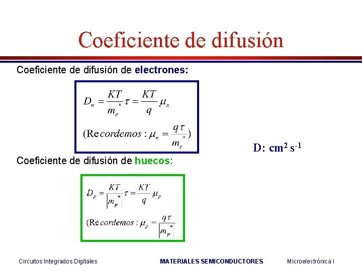 Coeficiente de difusión de electrones: D: cm 2 s-1 Coeficiente de difusión de huecos: