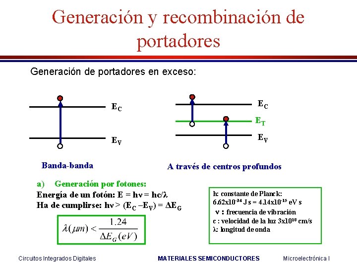 Generación y recombinación de portadores Generación de portadores en exceso: EC EC ET EV