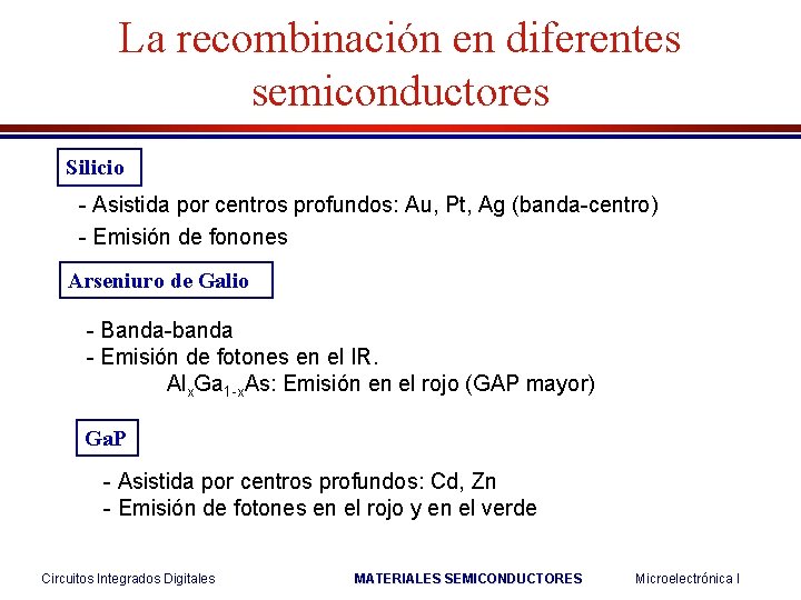 La recombinación en diferentes semiconductores Silicio - Asistida por centros profundos: Au, Pt, Ag