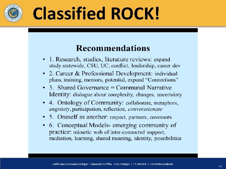 Classified ROCK! California Community Colleges – Chancellor’s Office | 112 Colleges | 72 Districts