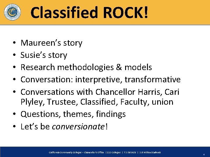 Classified ROCK! Maureen’s story Susie’s story Research methodologies & models Conversation: interpretive, transformative Conversations