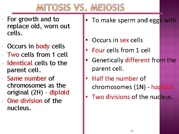  For growth and to replace old, worn out cells. Occurs in body cells