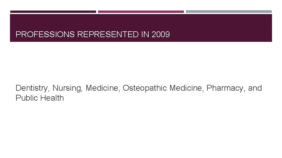 PROFESSIONS REPRESENTED IN 2009 Dentistry, Nursing, Medicine, Osteopathic Medicine, Pharmacy, and Public Health 