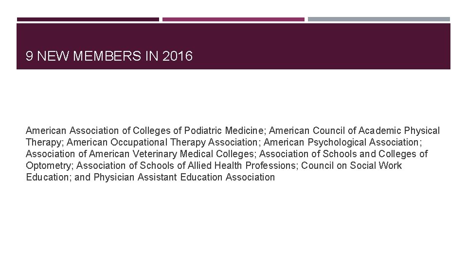 9 NEW MEMBERS IN 2016 American Association of Colleges of Podiatric Medicine; American Council