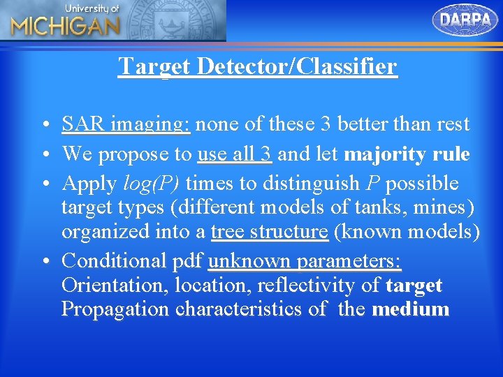 Target Detector/Classifier • • • SAR imaging: none of these 3 better than rest