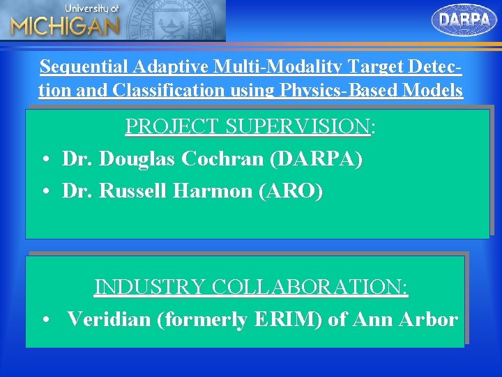 Sequential Adaptive Multi-Modality Target Detection and Classification using Physics-Based Models PROJECT SUPERVISION: • Dr.