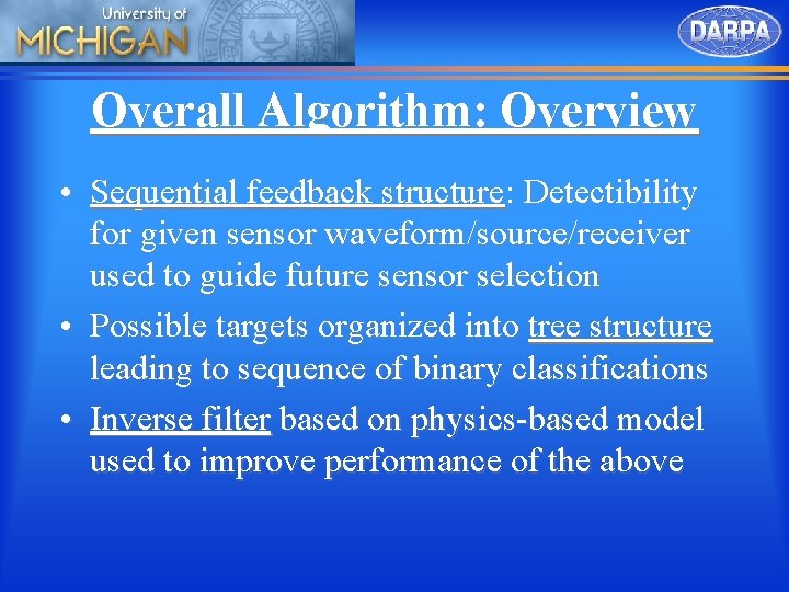 Overall Algorithm: Overview • Sequential feedback structure: Detectibility for given sensor waveform/source/receiver used to