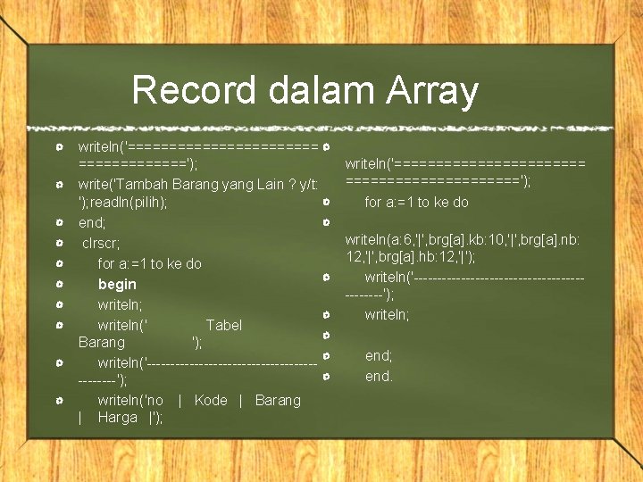 Record dalam Array writeln('============'); write('Tambah Barang yang Lain ? y/t: '); readln(pilih); end; clrscr;