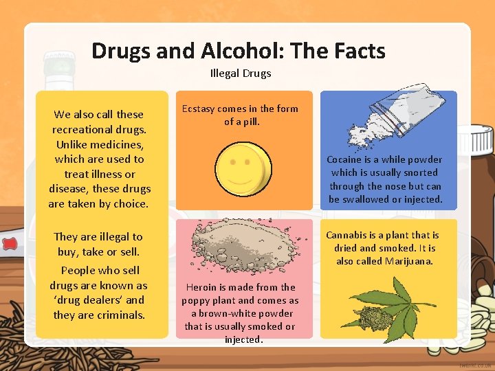 Drugs and Alcohol: The Facts Illegal Drugs We also call these recreational drugs. Unlike