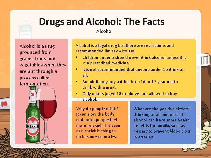 Drugs and Alcohol: The Facts Alcohol is a drug produced from grains, fruits and