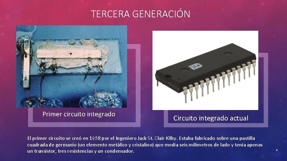 TERCERA GENERACIÓN Primer circuito integrado Circuito integrado actual El primer circuito se creó en