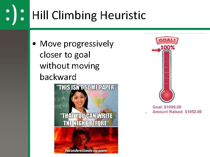 Hill Climbing Heuristic • Move progressively closer to goal without moving backward 