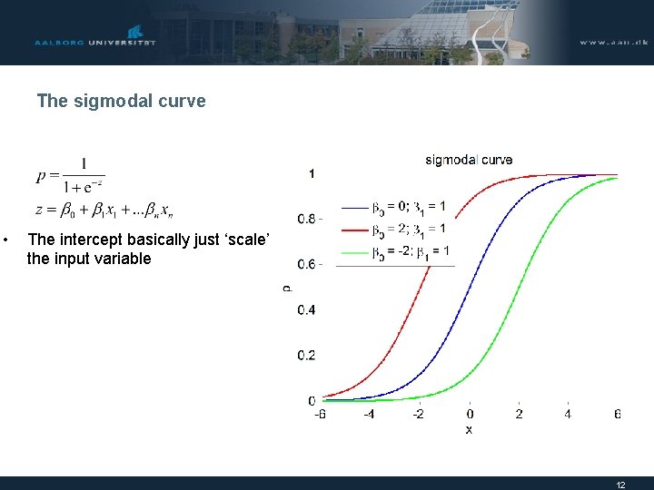 The sigmodal curve • The intercept basically just ‘scale’ the input variable 12 