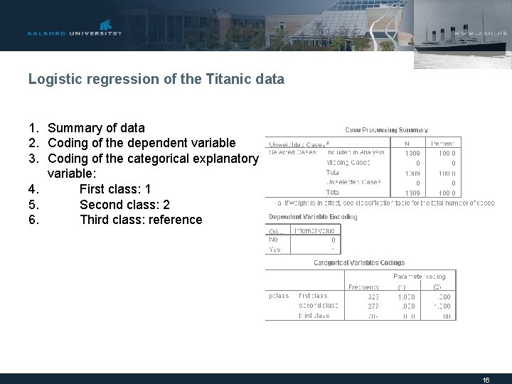 Logistic regression of the Titanic data 1. Summary of data 2. Coding of the