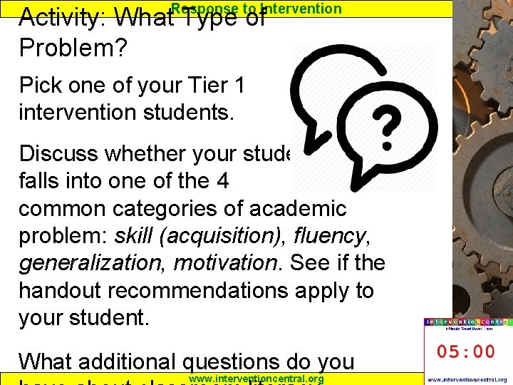 Response to Intervention Activity: What Type of Problem? Pick one of your Tier 1