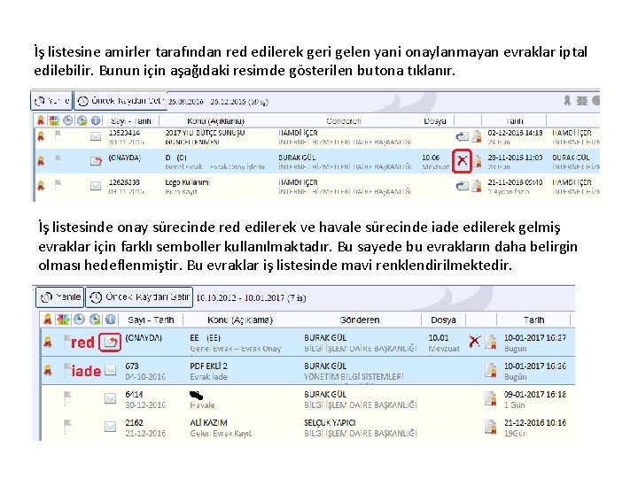 İş listesine amirler tarafından red edilerek geri gelen yani onaylanmayan evraklar iptal edilebilir. Bunun