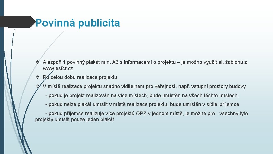 Povinná publicita Alespoň 1 povinný plakát min. A 3 s informacemi o projektu –