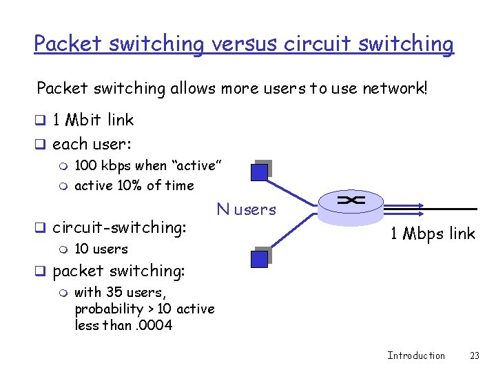 Packet switching versus circuit switching Packet switching allows more users to use network! q Packet switching versus circuit switching Packet switching allows more users to use network! q