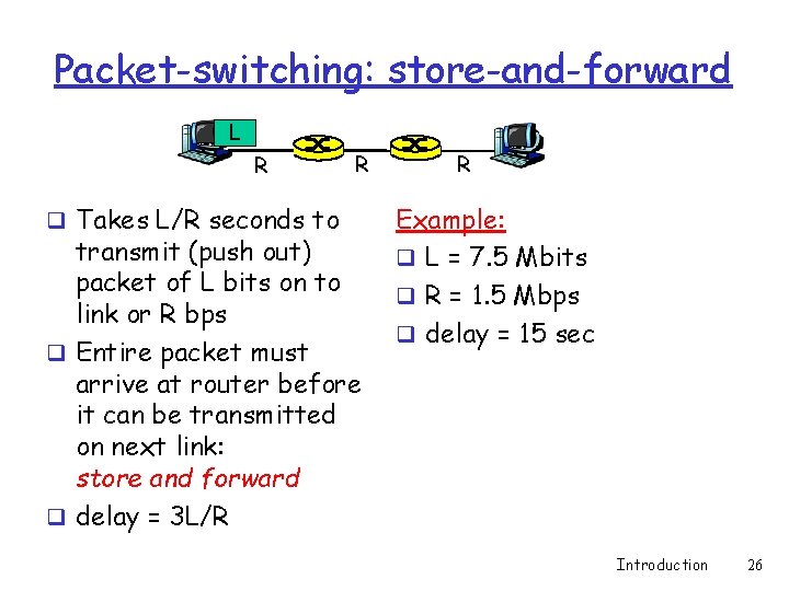 Packet-switching: store-and-forward L R q Takes L/R seconds to R transmit (push out) packet Packet-switching: store-and-forward L R q Takes L/R seconds to R transmit (push out) packet