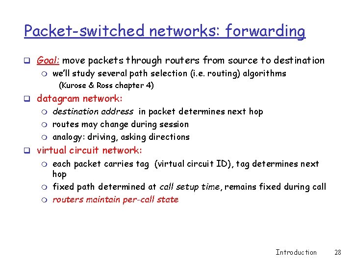 Packet-switched networks: forwarding q Goal: move packets through routers from source to destination m Packet-switched networks: forwarding q Goal: move packets through routers from source to destination m