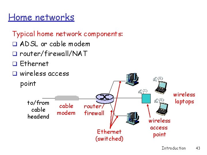 Home networks Typical home network components: q ADSL or cable modem q router/firewall/NAT q Home networks Typical home network components: q ADSL or cable modem q router/firewall/NAT q