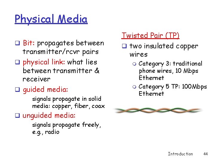 Physical Media q Bit: propagates between transmitter/rcvr pairs q physical link: what lies between Physical Media q Bit: propagates between transmitter/rcvr pairs q physical link: what lies between