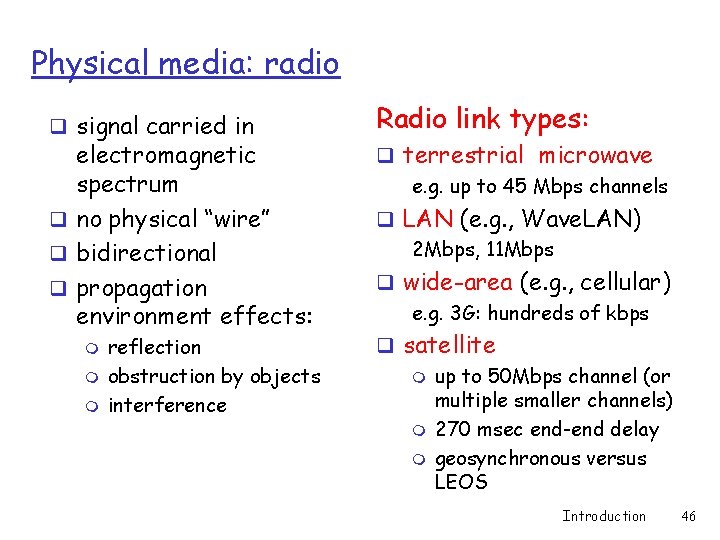 Physical media: radio q signal carried in electromagnetic spectrum q no physical “wire” q Physical media: radio q signal carried in electromagnetic spectrum q no physical “wire” q
