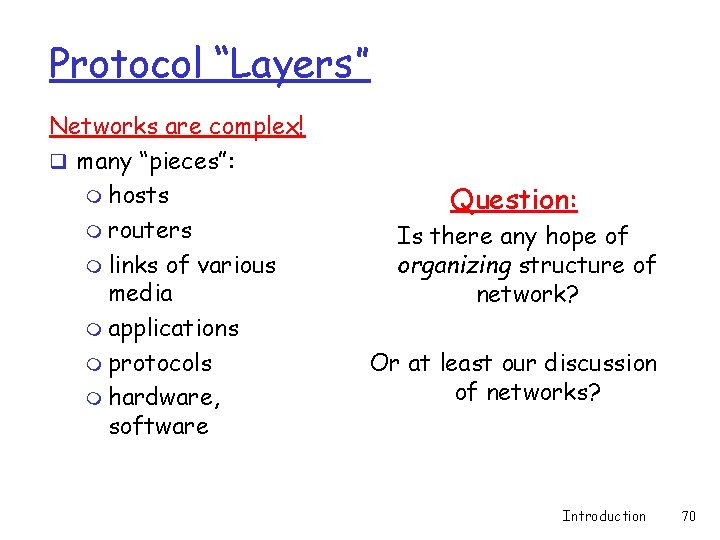 Protocol “Layers” Networks are complex! q many “pieces”: m hosts m routers m links Protocol “Layers” Networks are complex! q many “pieces”: m hosts m routers m links
