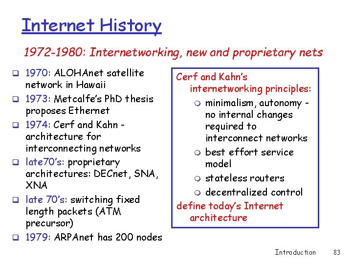 Internet History 1972 -1980: Internetworking, new and proprietary nets q 1970: ALOHAnet satellite q Internet History 1972 -1980: Internetworking, new and proprietary nets q 1970: ALOHAnet satellite q