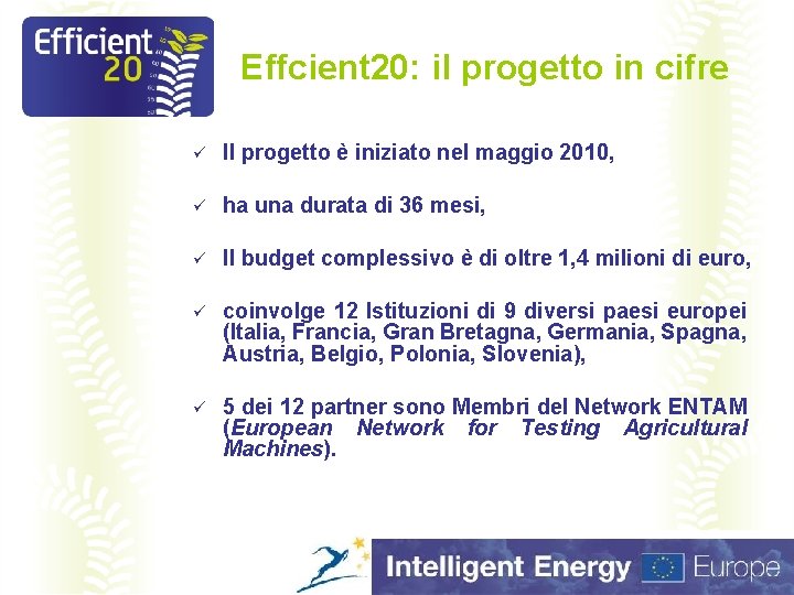 Effcient 20: il progetto in cifre ü Il progetto è iniziato nel maggio 2010,