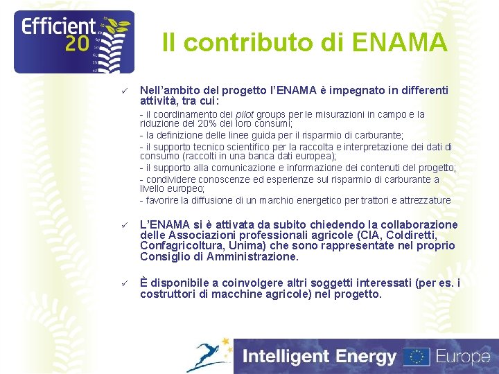 Il contributo di ENAMA ü Nell’ambito del progetto l’ENAMA è impegnato in differenti attività,