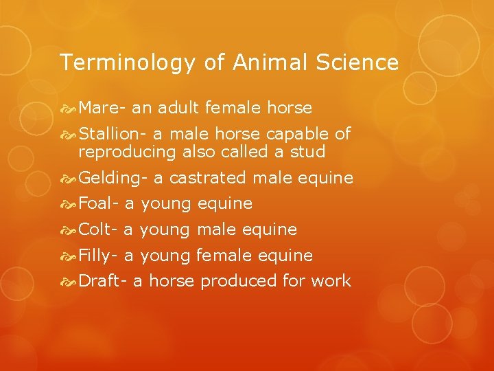 Terminology of Animal Science Mare- an adult female horse Stallion- a male horse capable