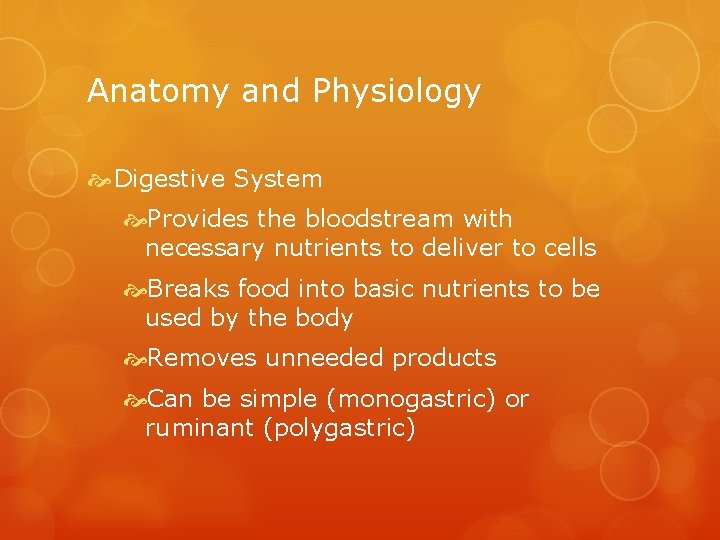 Anatomy and Physiology Digestive System Provides the bloodstream with necessary nutrients to deliver to