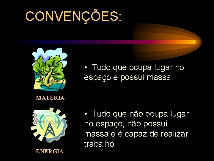 CONVENÇÕES: • Tudo que ocupa lugar no espaço e possui massa. MATÉRIA ENERGIA •